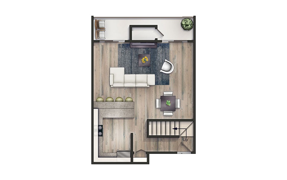 The Wexler - 2 bedroom floorplan layout with 1 bath and 1035 square feet. (Floor 1)