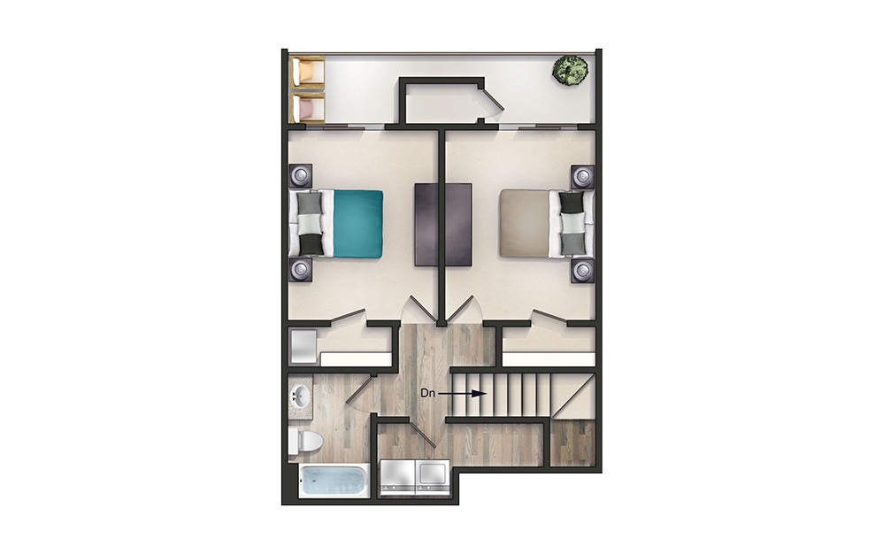 The Wexler - 2 bedroom floorplan layout with 1 bath and 1035 square feet. (Floor 2)