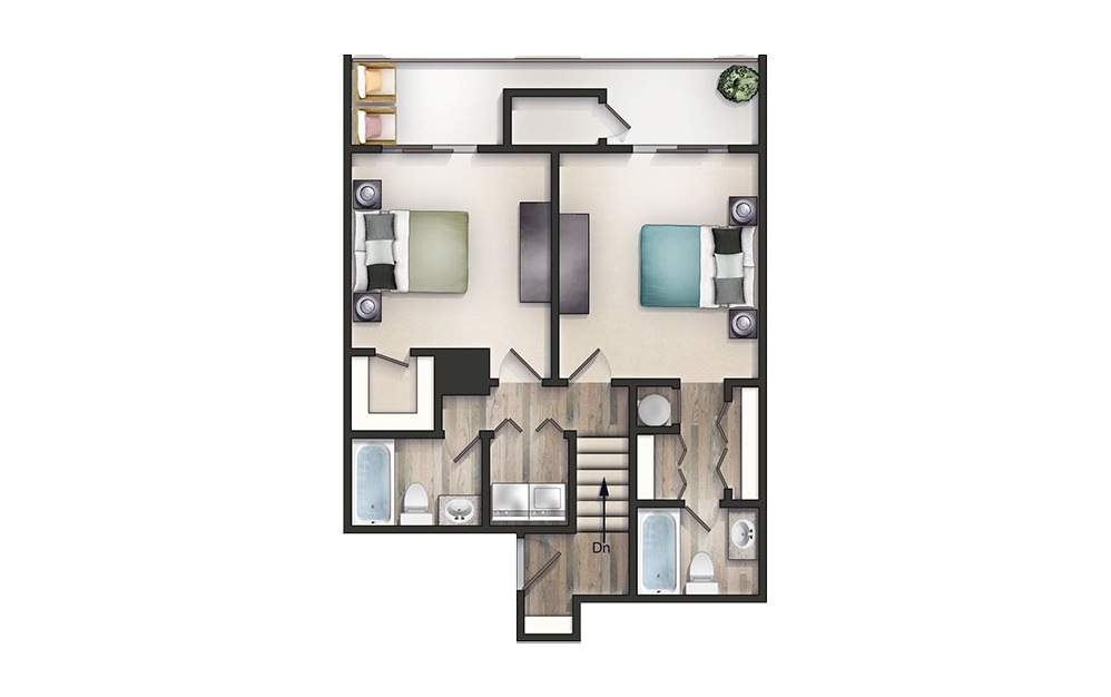 2 Bed 2 Bath - 2 bedroom floorplan layout with 2 baths and 1250 square feet. (Floor 2)