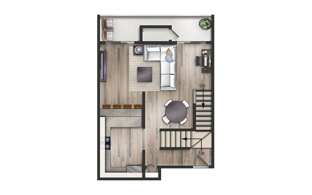 The Neutra - 3 bedroom floorplan layout with 2 bathrooms and 1335 square feet (Floor 1)