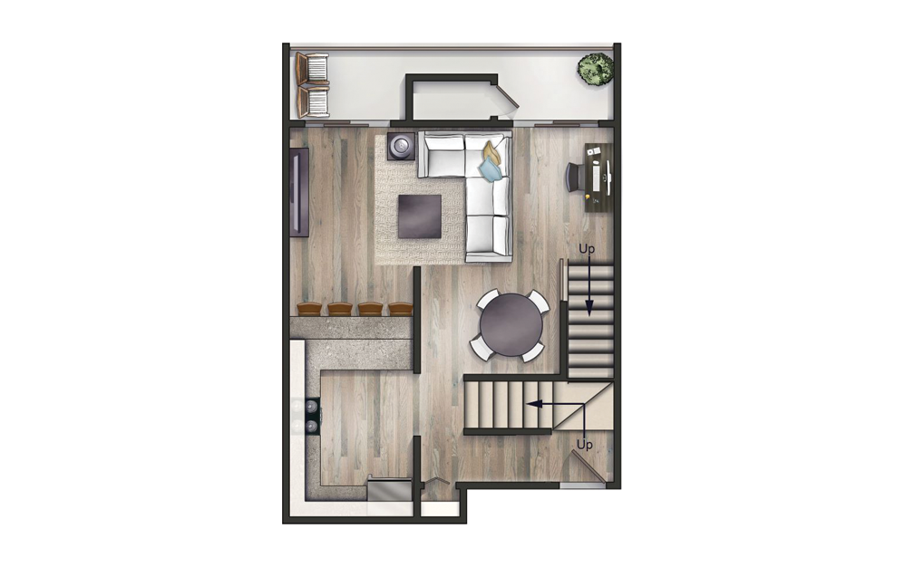 The Neutra - 3 bedroom floorplan layout with 2 baths and 1335 square feet. (Floor 1)