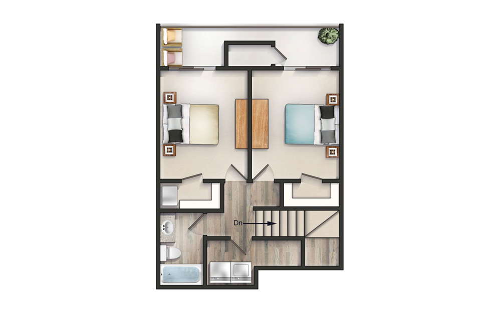 The Neutra - 3 bedroom floorplan layout with 2 bathrooms and 1335 square feet (Floor 2)